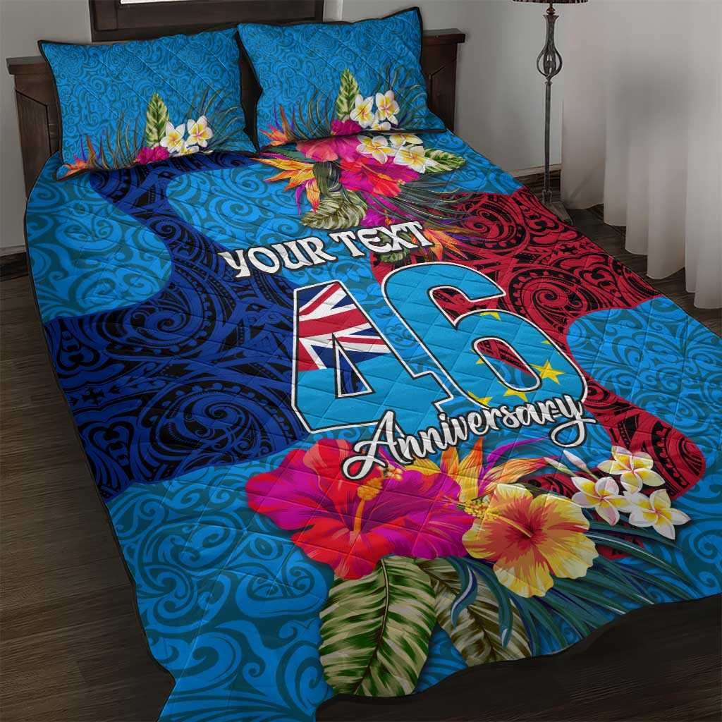 Personalised Tuvalu Independence Day Quilt Bed Set 1st October 46th Anniversary Polynesian Jungle Flower LT03 Blue - Polynesian Pride