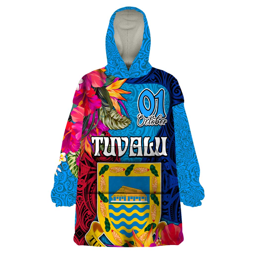 Personalised Tuvalu Independence Day Wearable Blanket Hoodie 1st October 46th Anniversary Polynesian Jungle Flower