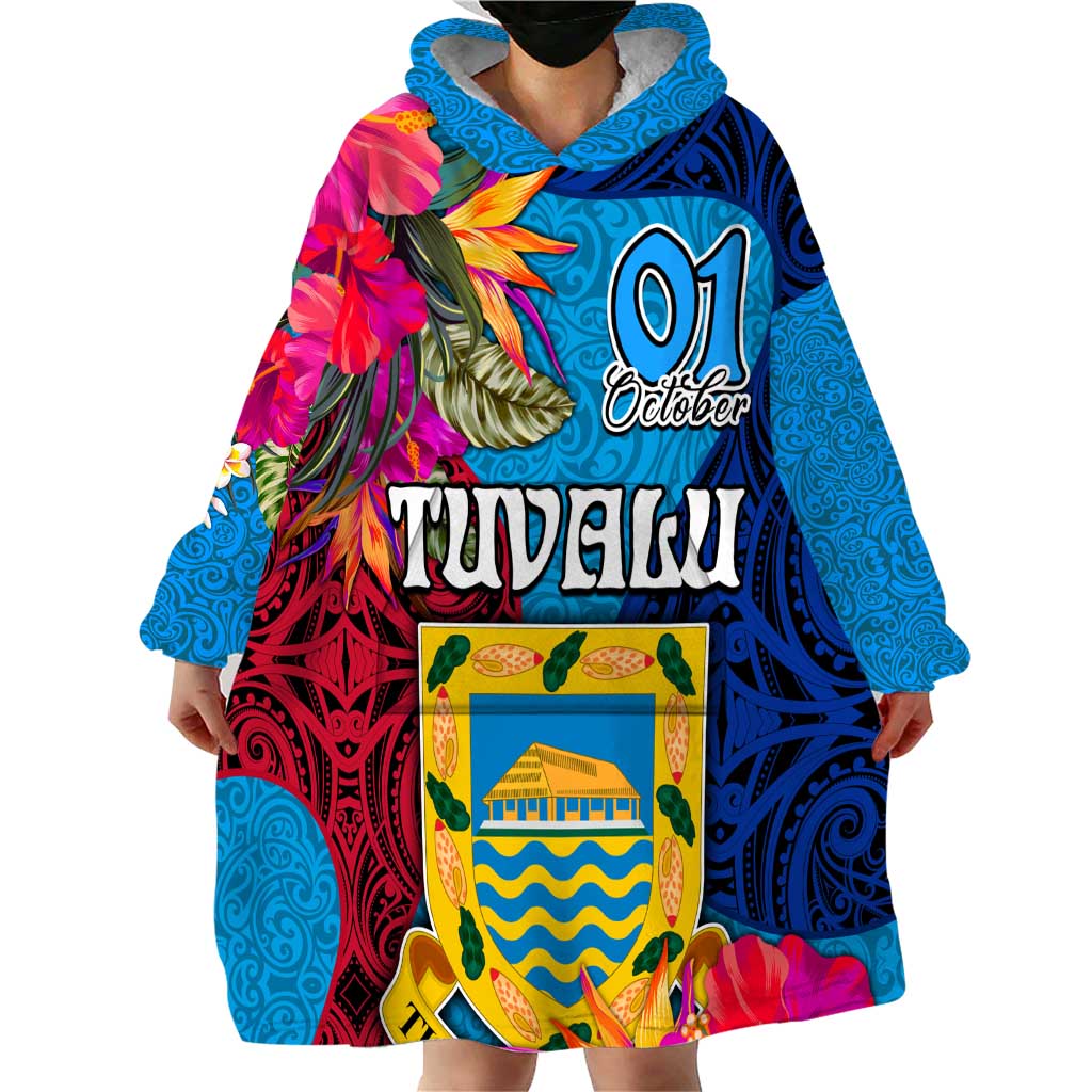 Personalised Tuvalu Independence Day Wearable Blanket Hoodie 1st October 46th Anniversary Polynesian Jungle Flower LT03 - Polynesian Pride
