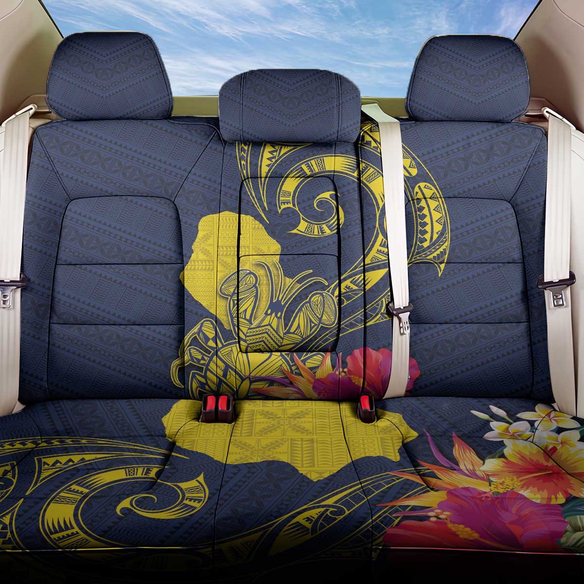 Niue Independence Day Back Car Seat Cover Hiapo Pattern Hibiscus Plumeria and Uga