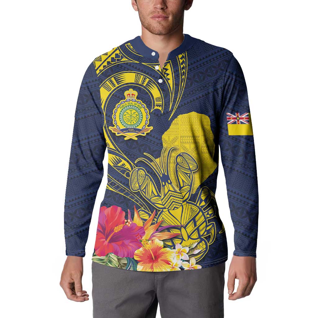 Niue Independence Day Button Sweatshirt Hiapo Pattern Hibiscus Plumeria and Uga LT03 - Polynesian Pride