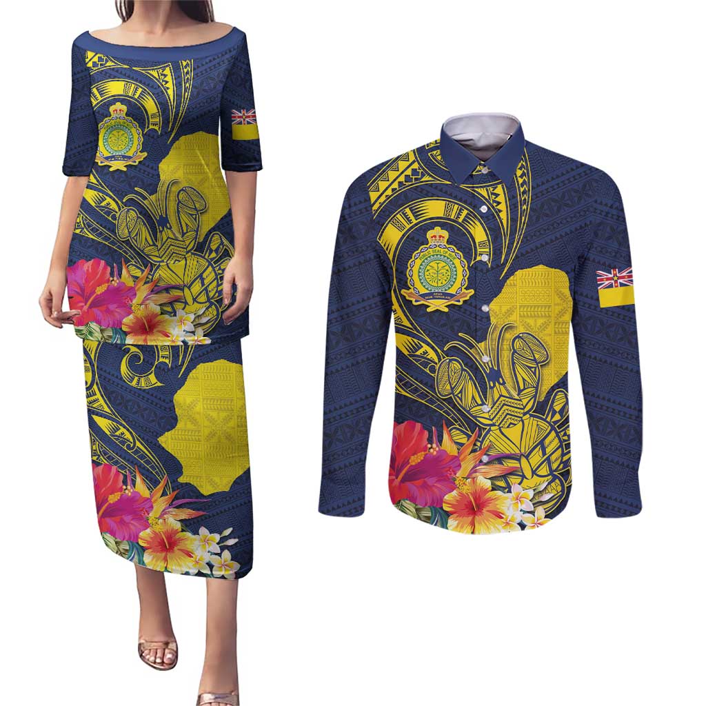 Niue Independence Day Couples Matching Puletasi and Long Sleeve Button Shirt Hiapo Pattern Hibiscus Plumeria and Uga LT03 Yellow - Polynesian Pride