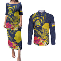 Niue Independence Day Couples Matching Puletasi and Long Sleeve Button Shirt Hiapo Pattern Hibiscus Plumeria and Uga LT03 Yellow - Polynesian Pride