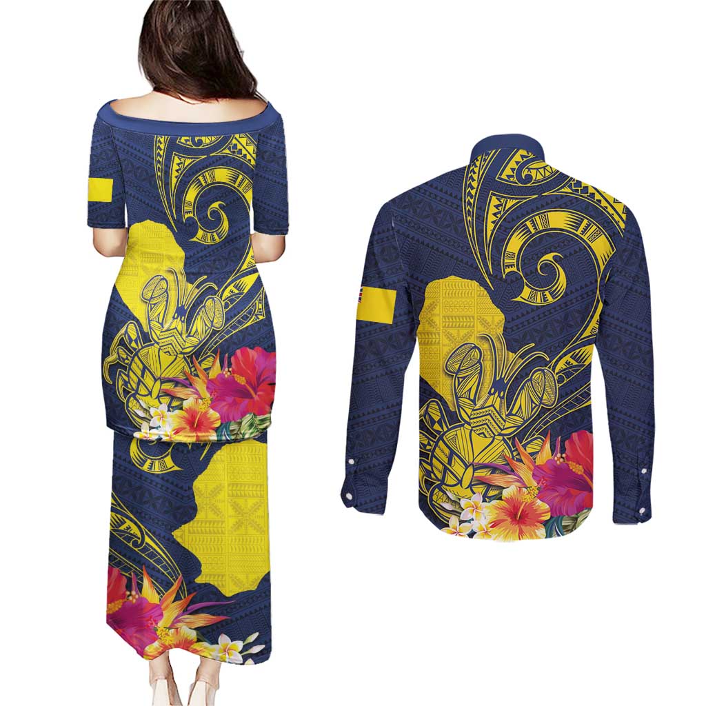 Niue Independence Day Couples Matching Puletasi and Long Sleeve Button Shirt Hiapo Pattern Hibiscus Plumeria and Uga LT03 - Polynesian Pride