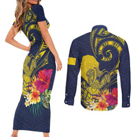 Niue Independence Day Couples Matching Short Sleeve Bodycon Dress and Long Sleeve Button Shirt Hiapo Pattern Hibiscus Plumeria and Uga