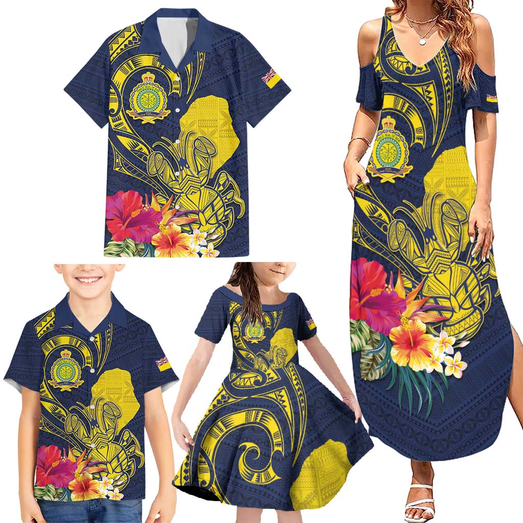 Niue Independence Day Family Matching Summer Maxi Dress and Hawaiian Shirt Hiapo Pattern Hibiscus Plumeria and Uga