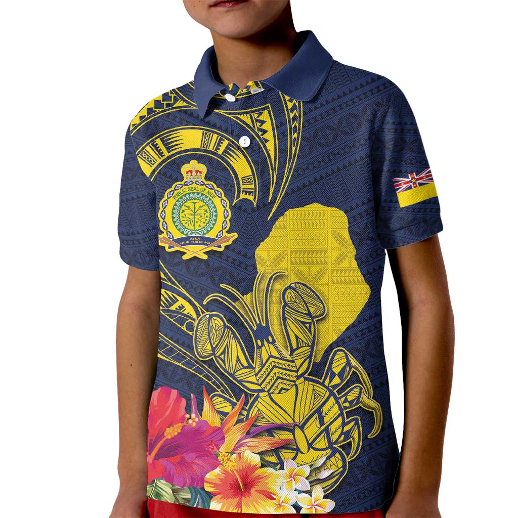 Niue Independence Day Kid Polo Shirt Hiapo Pattern Hibiscus Plumeria and Uga