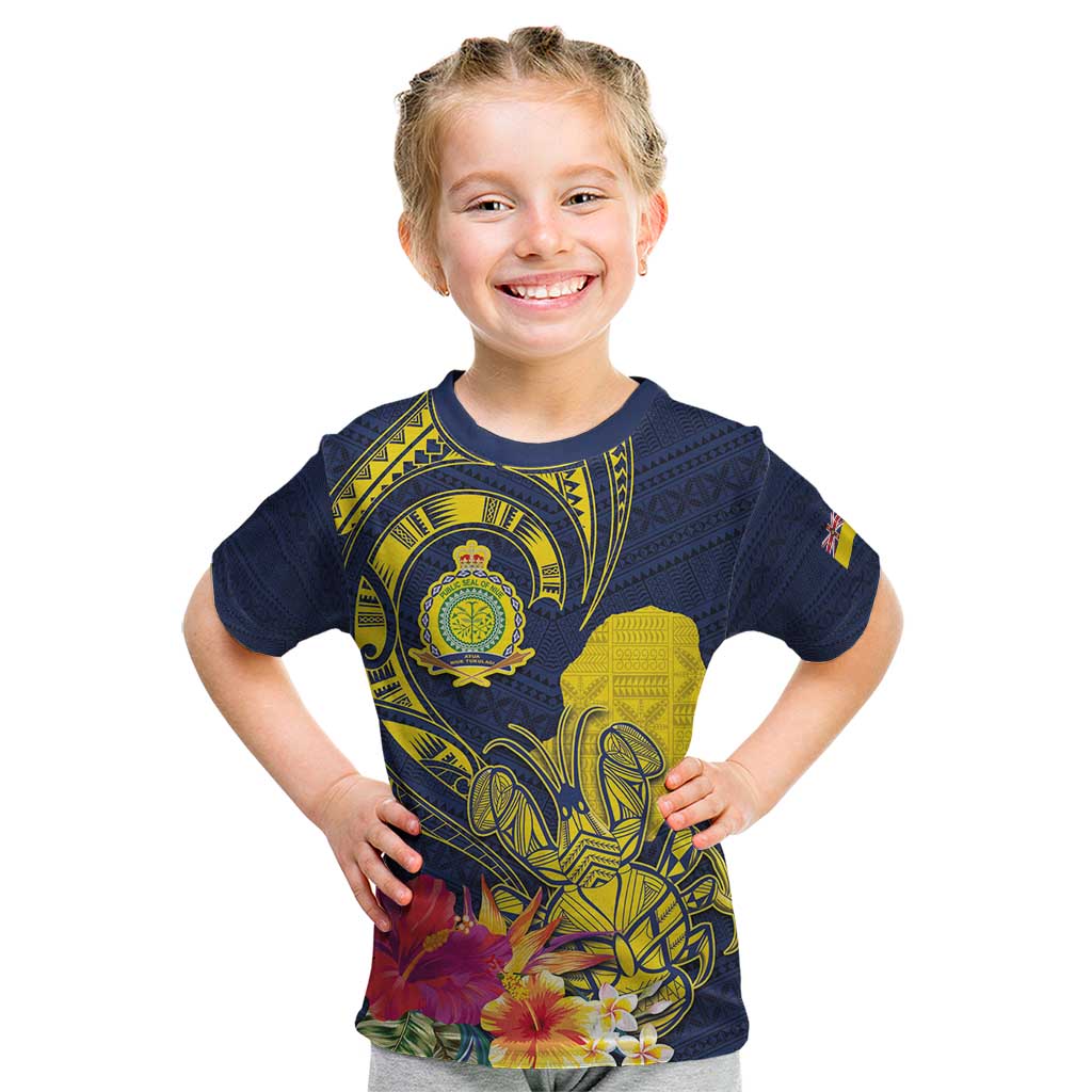 Niue Independence Day Kid T Shirt Hiapo Pattern Hibiscus Plumeria and Uga