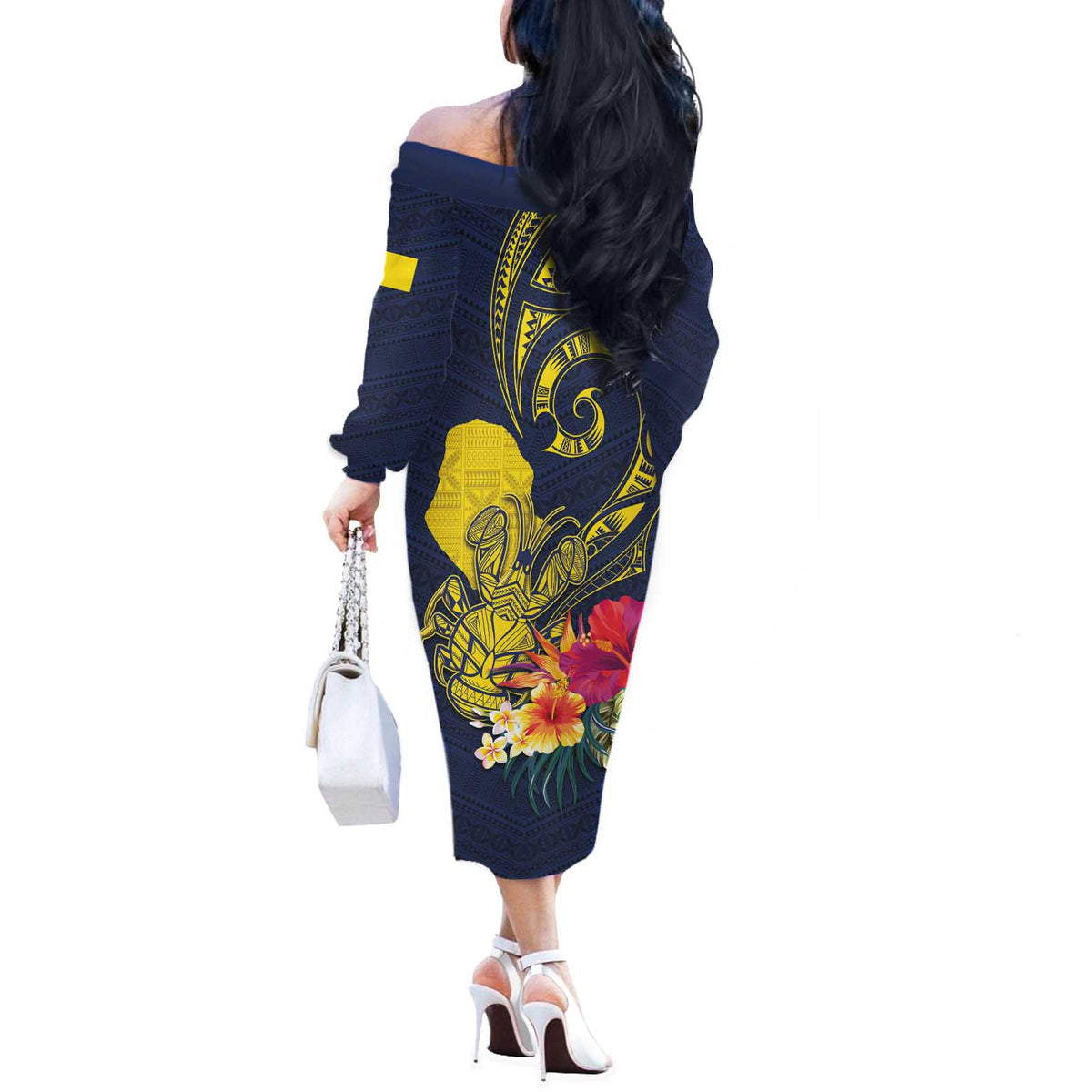 Niue Independence Day Off The Shoulder Long Sleeve Dress Hiapo Pattern Hibiscus Plumeria and Uga