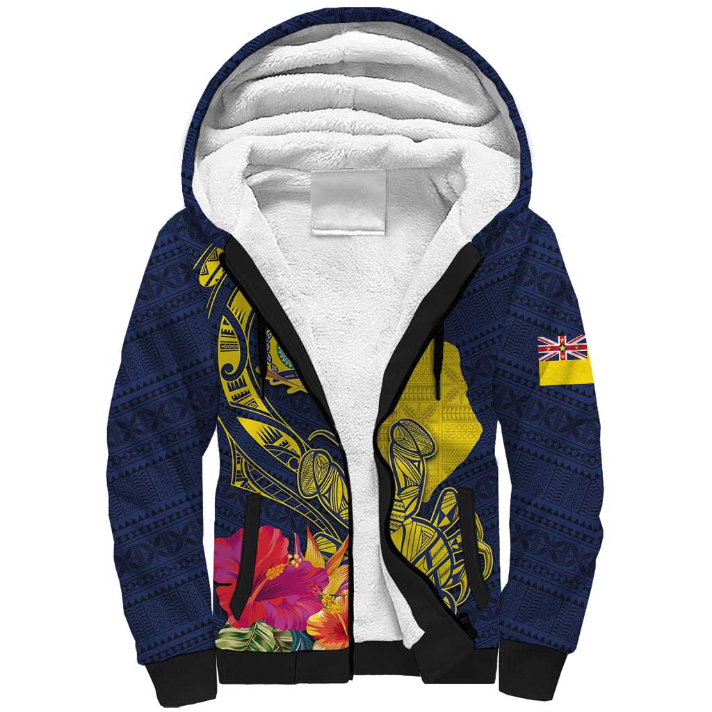 Niue Independence Day Sherpa Hoodie Hiapo Pattern Hibiscus Plumeria and Uga