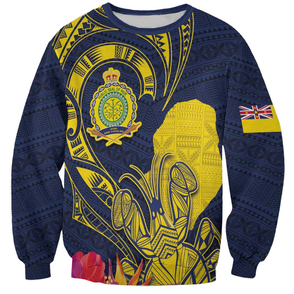 Niue Independence Day Sweatshirt Hiapo Pattern Hibiscus Plumeria and Uga