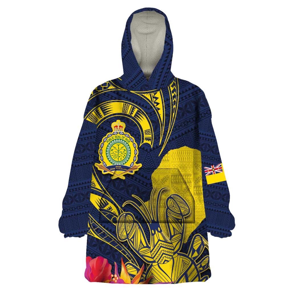 Niue Independence Day Wearable Blanket Hoodie Hiapo Pattern Hibiscus Plumeria and Uga