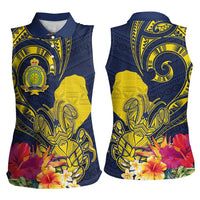 Niue Independence Day Women Sleeveless Polo Shirt Hiapo Pattern Hibiscus Plumeria and Uga