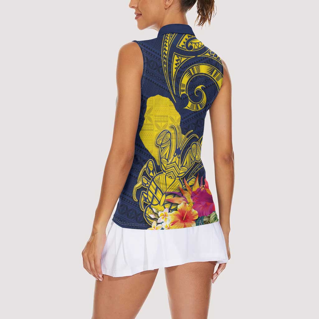 Niue Independence Day Women Sleeveless Polo Shirt Hiapo Pattern Hibiscus Plumeria and Uga