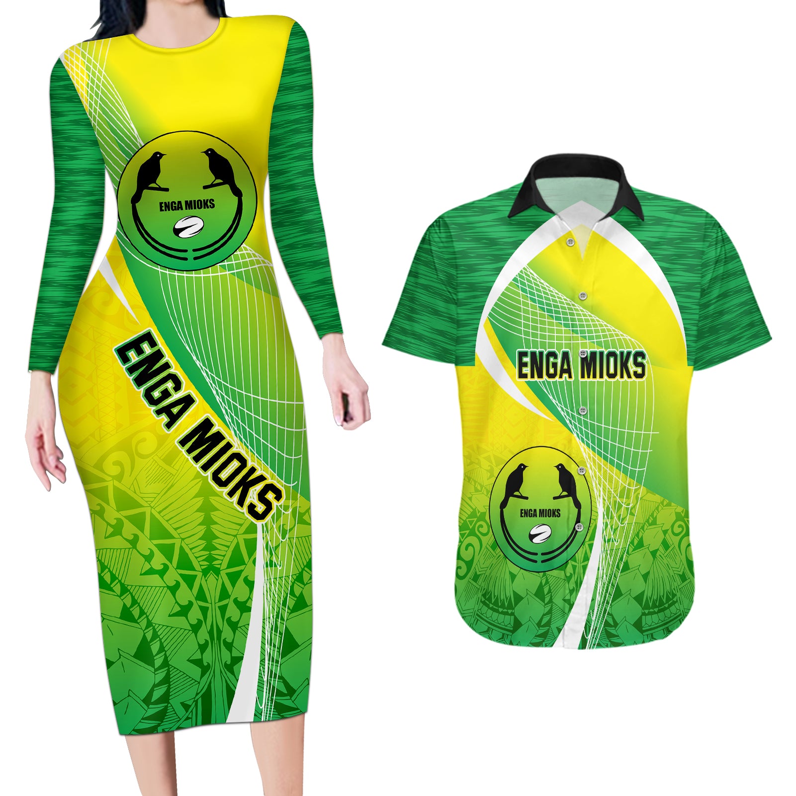 Enga Mioks Rugby Couples Matching Long Sleeve Bodycon Dress and Hawaiian Shirt Papua New Guinea Polynesian Tattoo LT03 Green - Polynesian Pride