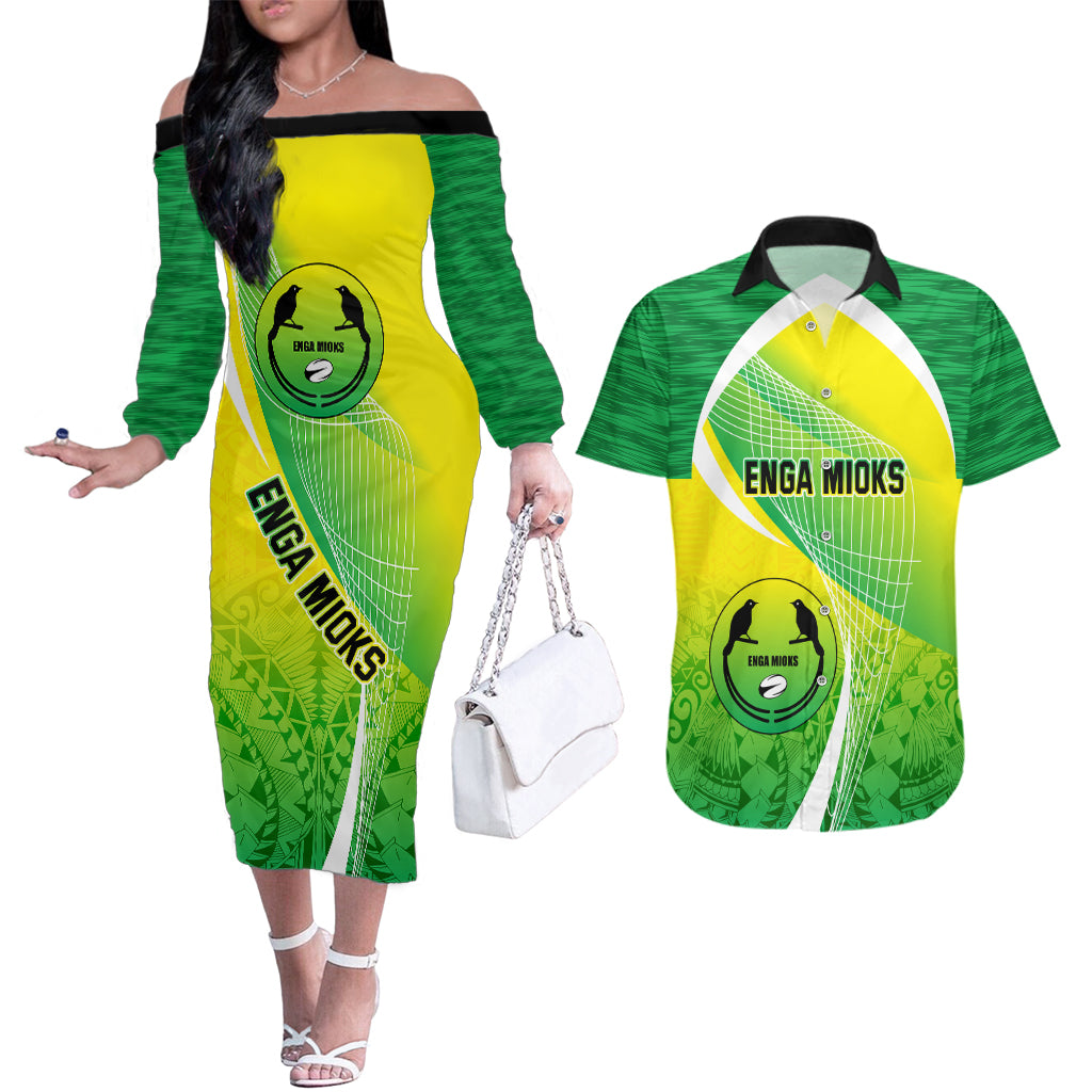 Custom Enga Mioks Rugby Couples Matching Off The Shoulder Long Sleeve Dress and Hawaiian Shirt Papua New Guinea Polynesian Tattoo LT03 Green - Polynesian Pride