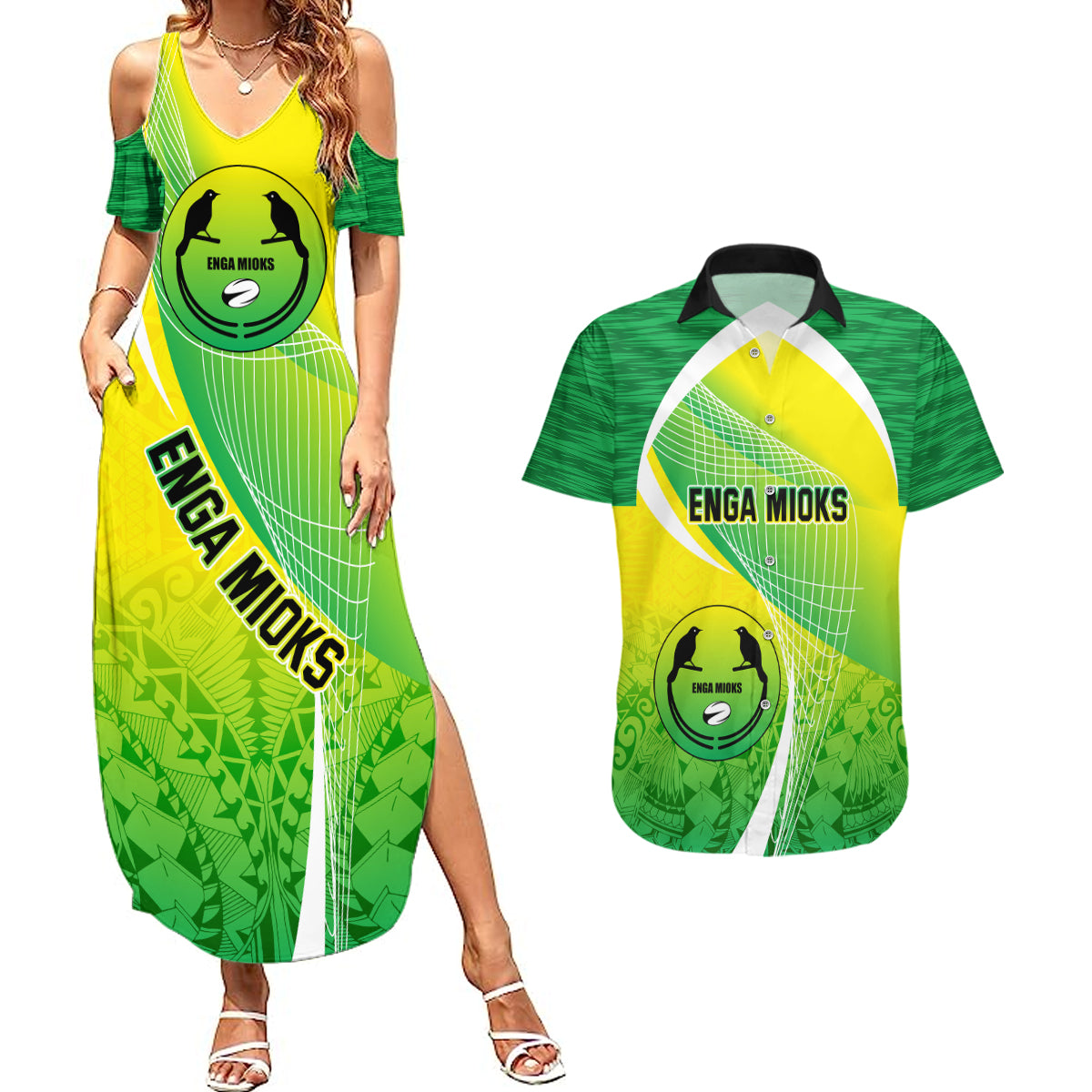 Custom Enga Mioks Rugby Couples Matching Summer Maxi Dress and Hawaiian Shirt Papua New Guinea Polynesian Tattoo LT03 Green - Polynesian Pride