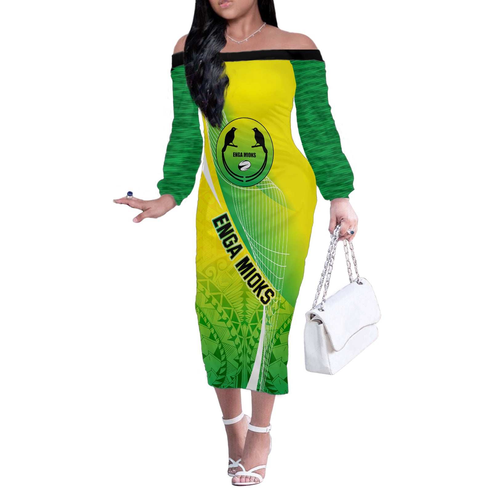 Custom Enga Mioks Rugby Off The Shoulder Long Sleeve Dress Papua New Guinea Polynesian Tattoo LT03 Women Green - Polynesian Pride