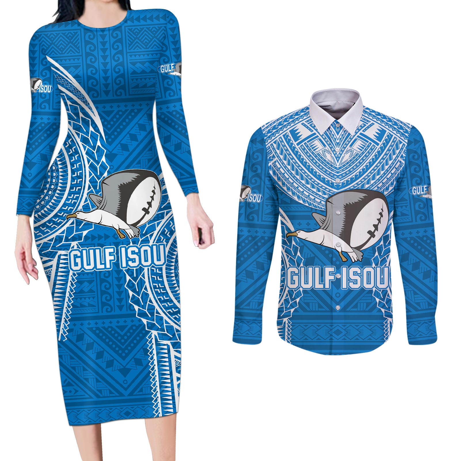 Gulf Isou Rugby Couples Matching Long Sleeve Bodycon Dress and Long Sleeve Button Shirts Papua New Guinea Polynesian Tattoo LT03 Blue - Polynesian Pride