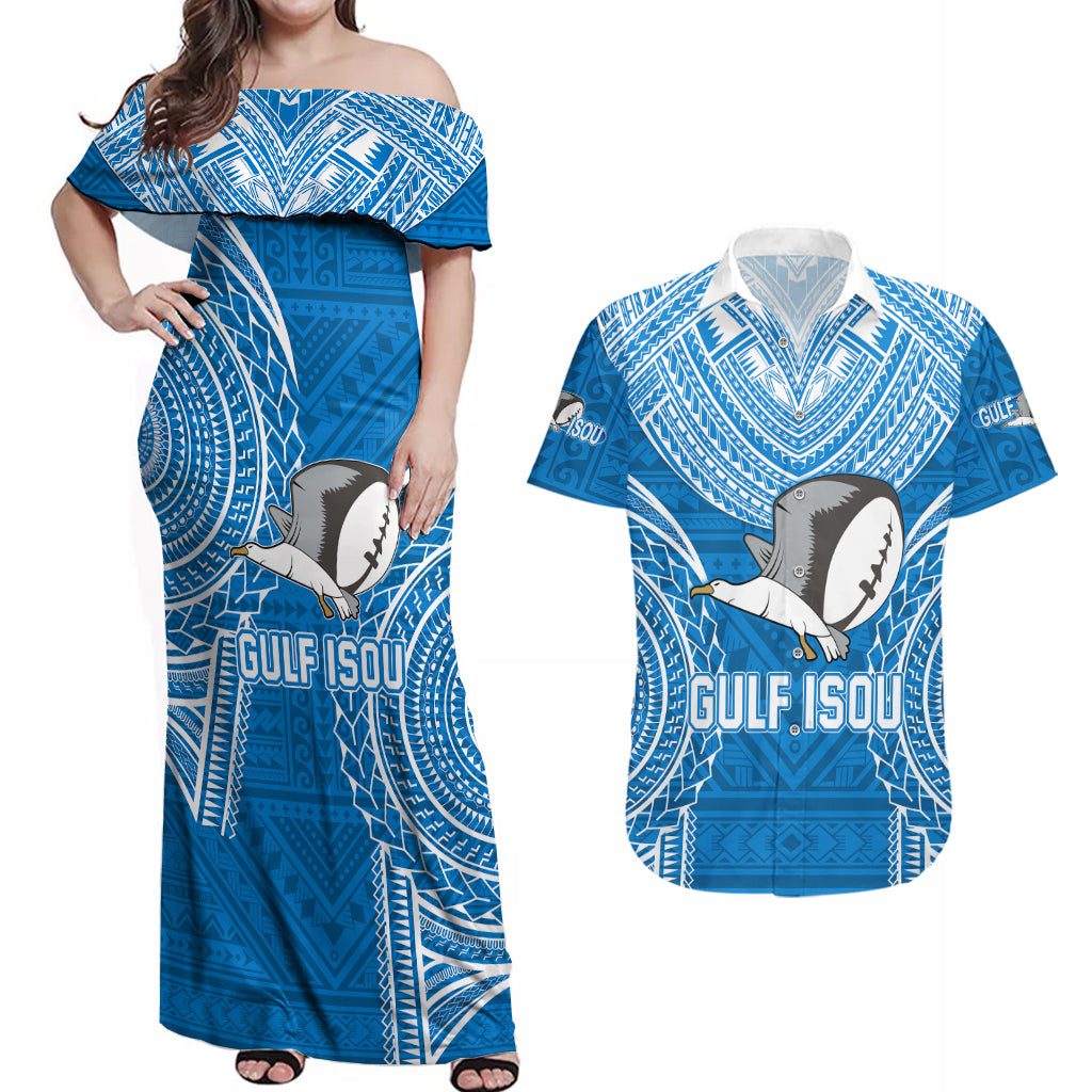 Gulf Isou Rugby Couples Matching Off Shoulder Maxi Dress and Hawaiian Shirt Papua New Guinea Polynesian Tattoo LT03 Blue - Polynesian Pride