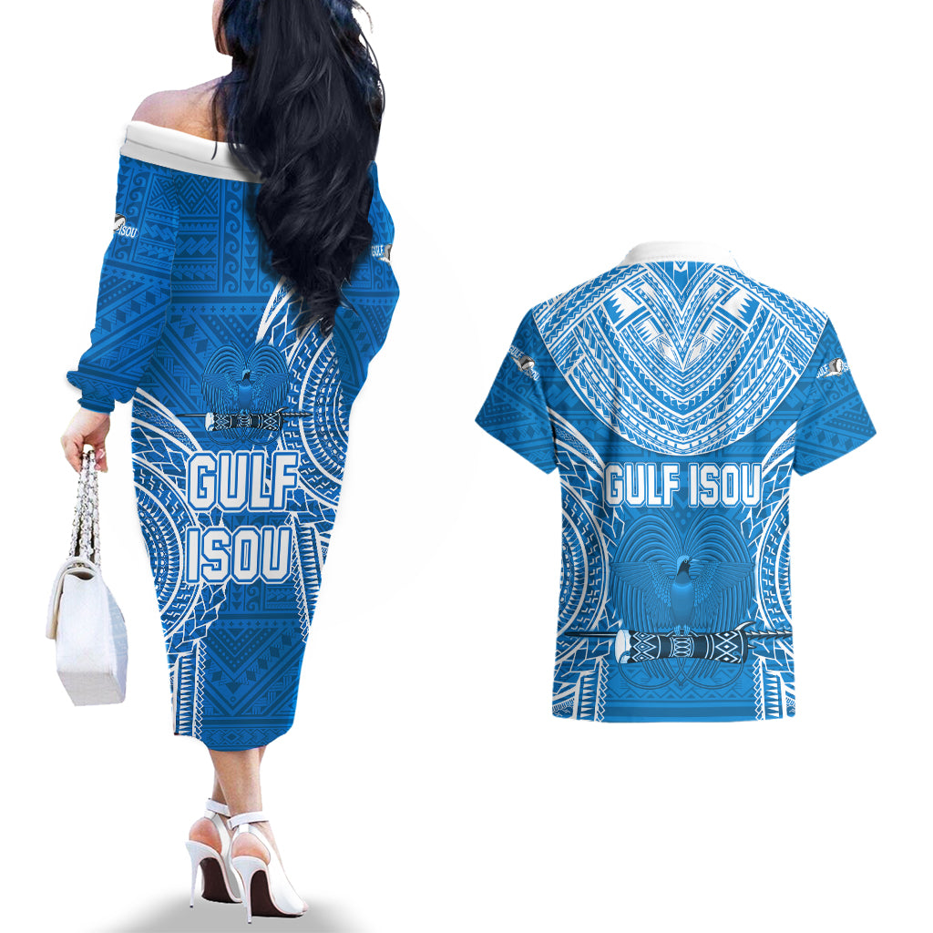 Gulf Isou Rugby Couples Matching Off The Shoulder Long Sleeve Dress and Hawaiian Shirt Papua New Guinea Polynesian Tattoo LT03 - Polynesian Pride