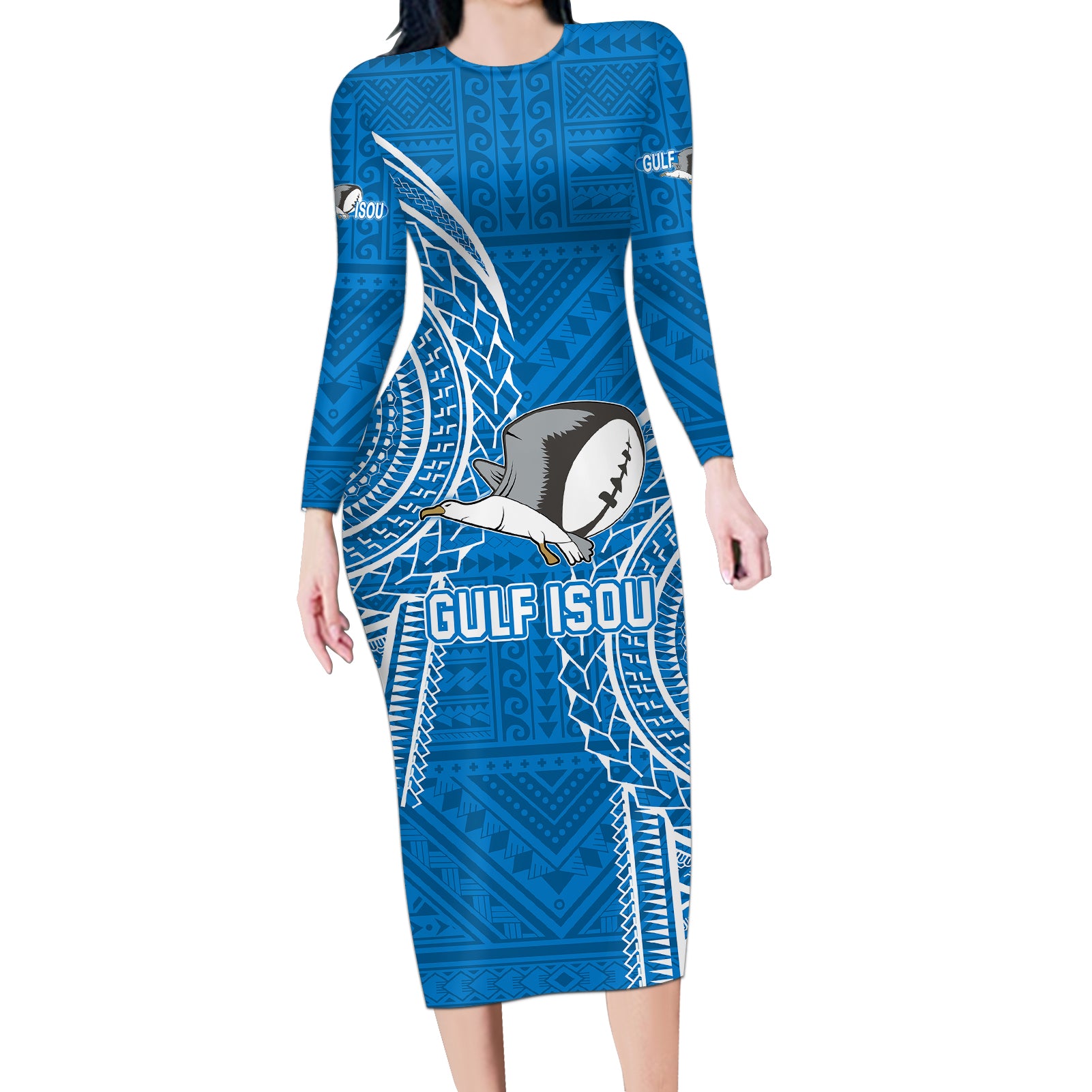 Gulf Isou Rugby Long Sleeve Bodycon Dress Papua New Guinea Polynesian Tattoo LT03 Long Dress Blue - Polynesian Pride