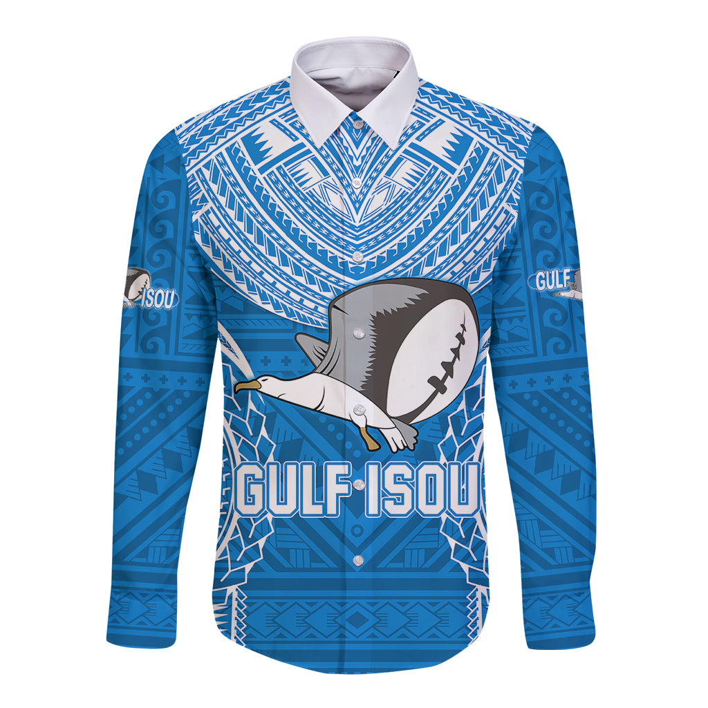Gulf Isou Rugby Long Sleeve Button Shirt Papua New Guinea Polynesian Tattoo LT03 Unisex Blue - Polynesian Pride
