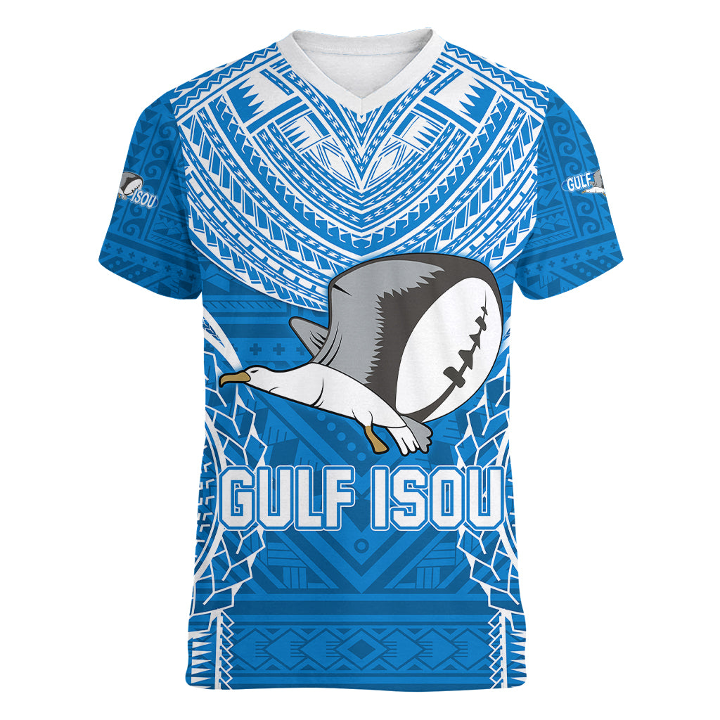 Gulf Isou Rugby Women V Neck T Shirt Papua New Guinea Polynesian Tattoo LT03 Female Blue - Polynesian Pride