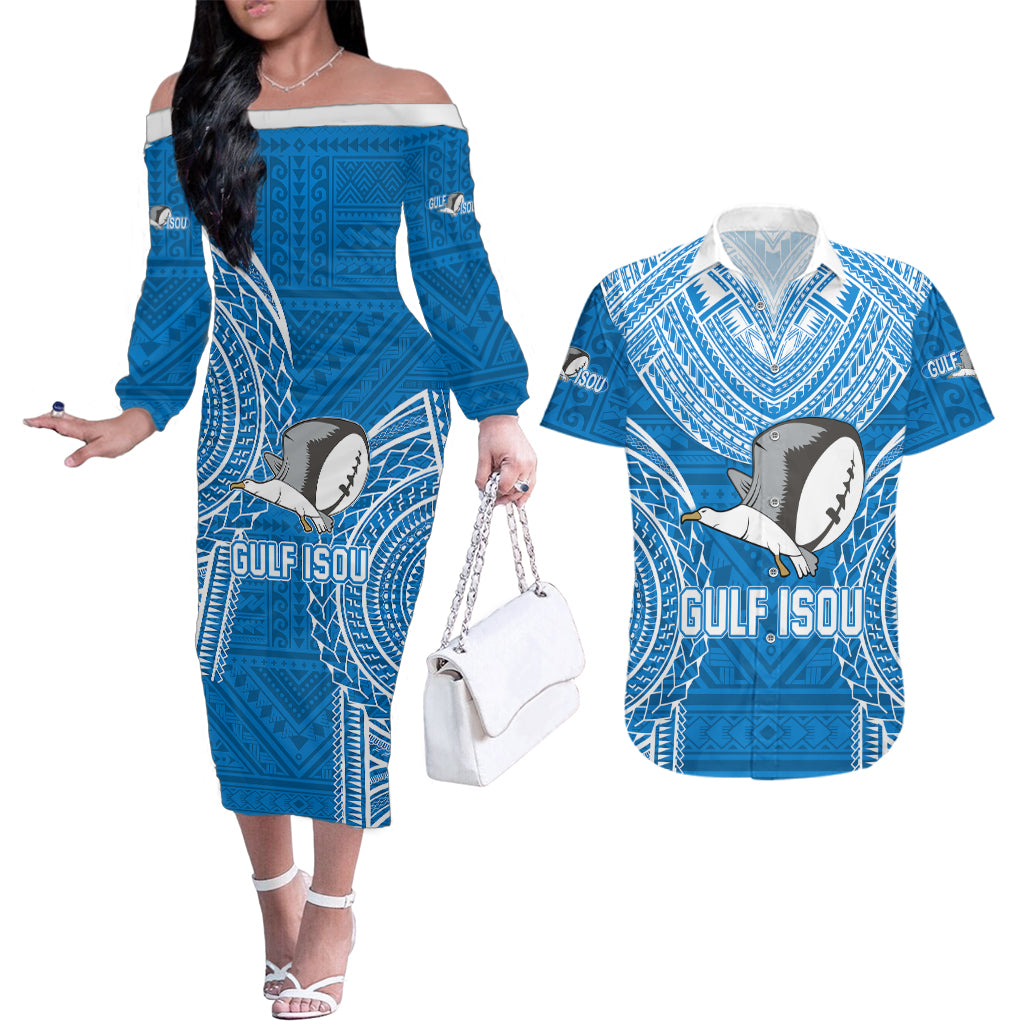 Custom Gulf Isou Rugby Couples Matching Off The Shoulder Long Sleeve Dress and Hawaiian Shirt Papua New Guinea Polynesian Tattoo LT03 Blue - Polynesian Pride