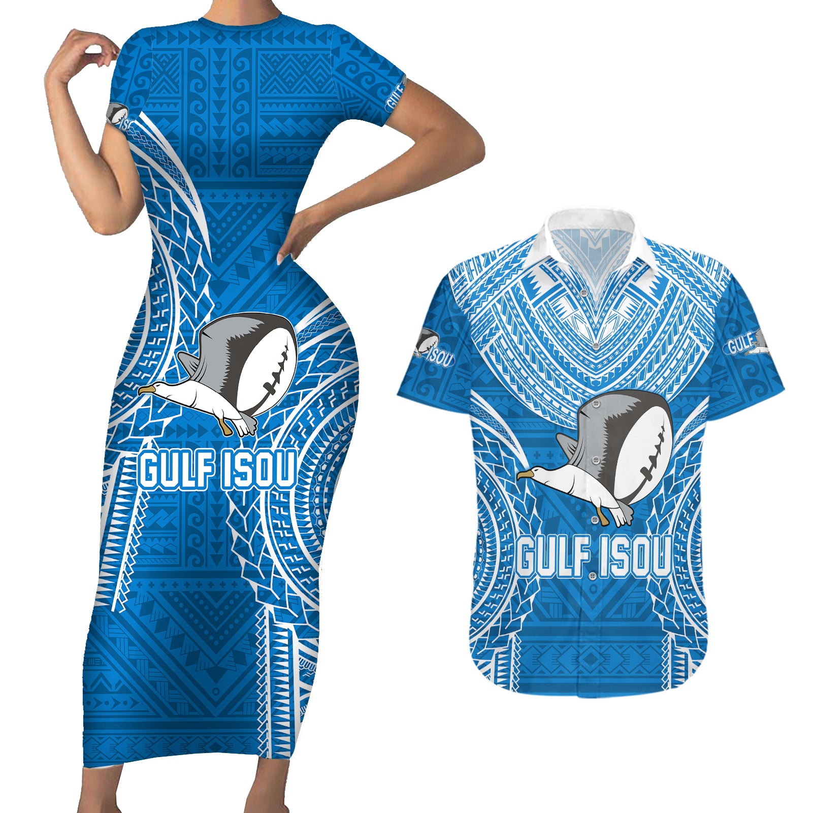 Custom Gulf Isou Rugby Couples Matching Short Sleeve Bodycon Dress and Hawaiian Shirt Papua New Guinea Polynesian Tattoo LT03 Blue - Polynesian Pride