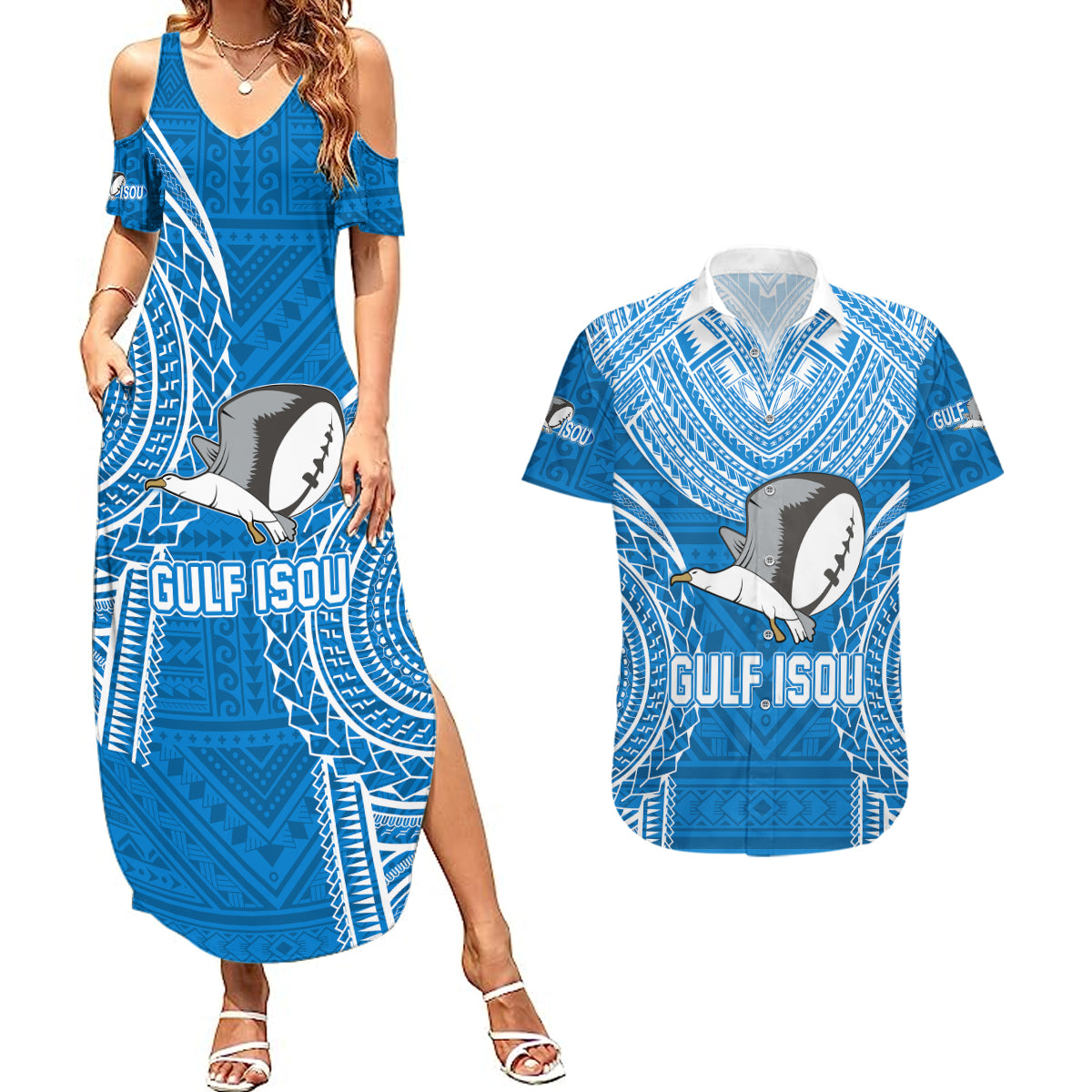 Custom Gulf Isou Rugby Couples Matching Summer Maxi Dress and Hawaiian Shirt Papua New Guinea Polynesian Tattoo LT03 Blue - Polynesian Pride