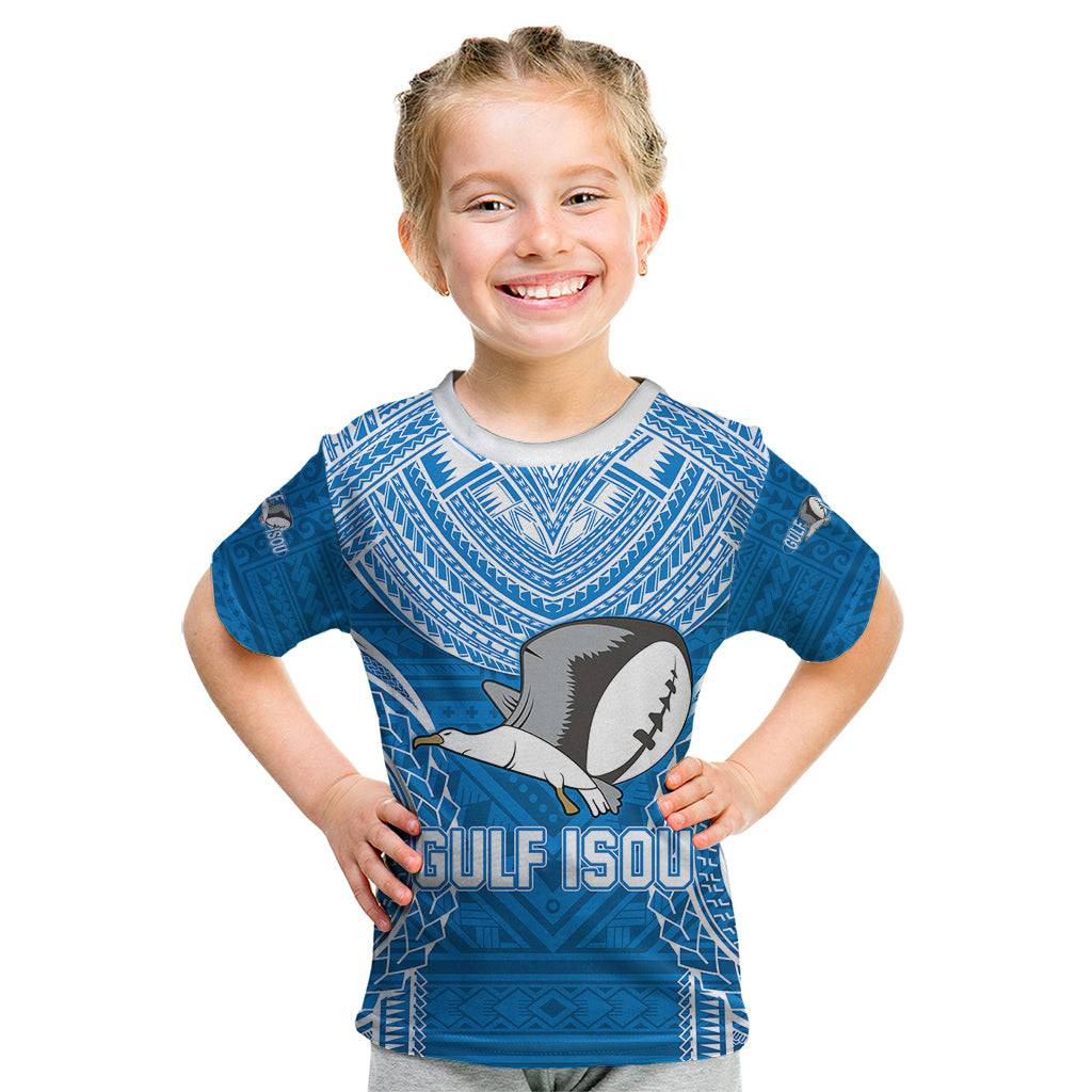 Custom Gulf Isou Rugby Kid T Shirt Papua New Guinea Polynesian Tattoo LT03 Blue - Polynesian Pride