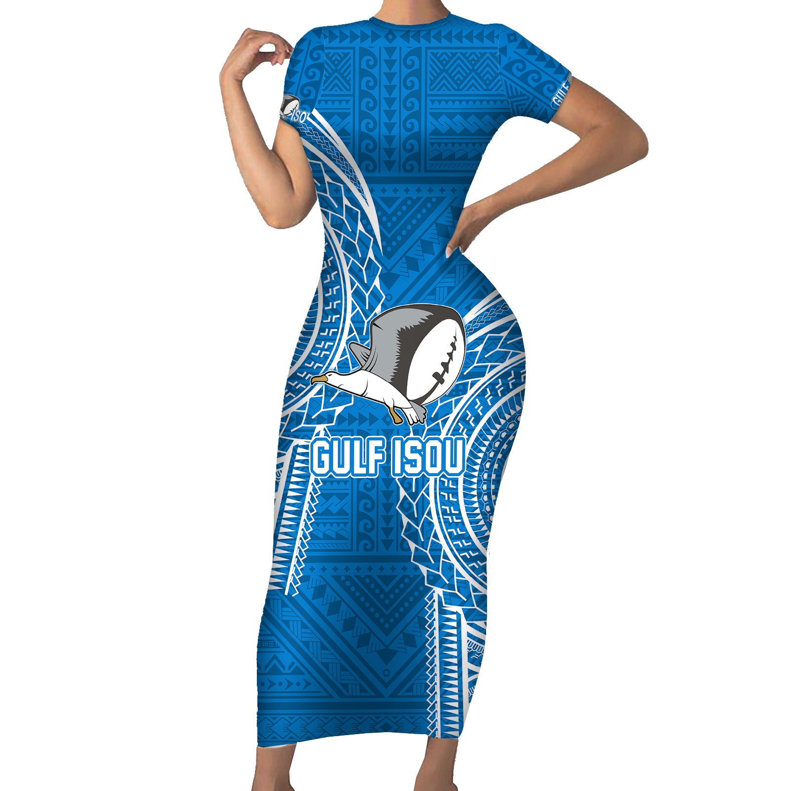 Custom Gulf Isou Rugby Short Sleeve Bodycon Dress Papua New Guinea Polynesian Tattoo LT03 Long Dress Blue - Polynesian Pride