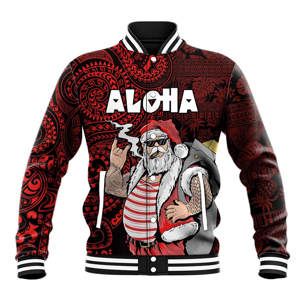 Hawaii Aloha Santa Claus Funny Polynesian Tattoo Baseball Jacket Red Color LT03 Unisex Red - Polynesian Pride