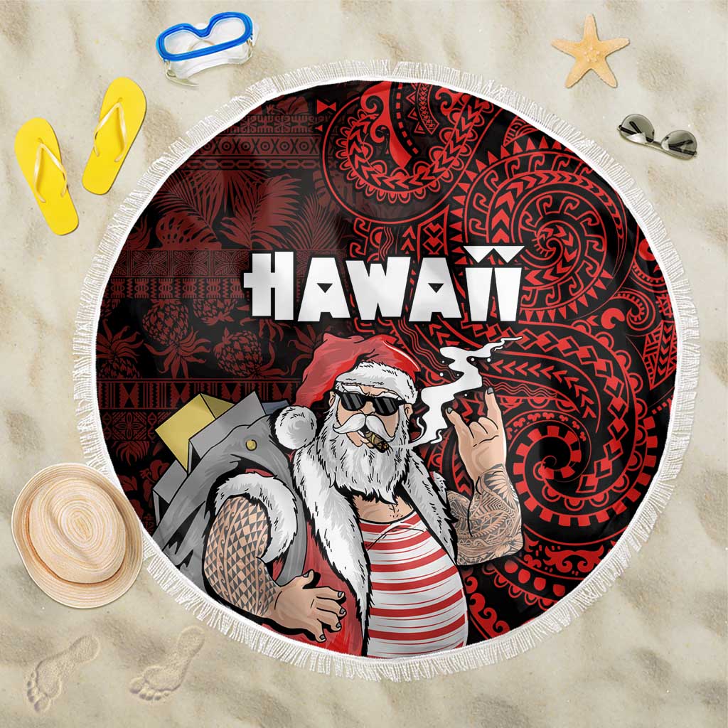 Hawaii Aloha Santa Claus Funny Polynesian Tattoo Beach Blanket Red Color