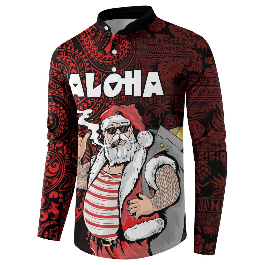 Hawaii Aloha Santa Claus Funny Polynesian Tattoo Button Sweatshirt Red Color LT03 - Polynesian Pride
