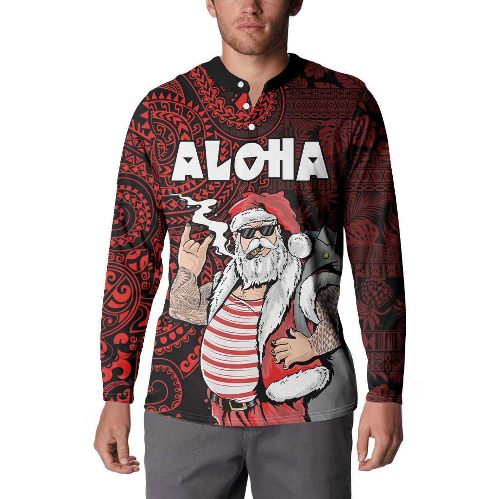 Hawaii Aloha Santa Claus Funny Polynesian Tattoo Button Sweatshirt Red Color LT03 - Polynesian Pride