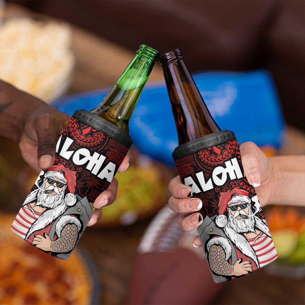 Hawaii Aloha Santa Claus Funny Polynesian Tattoo 4 in 1 Can Cooler Tumbler Red Color