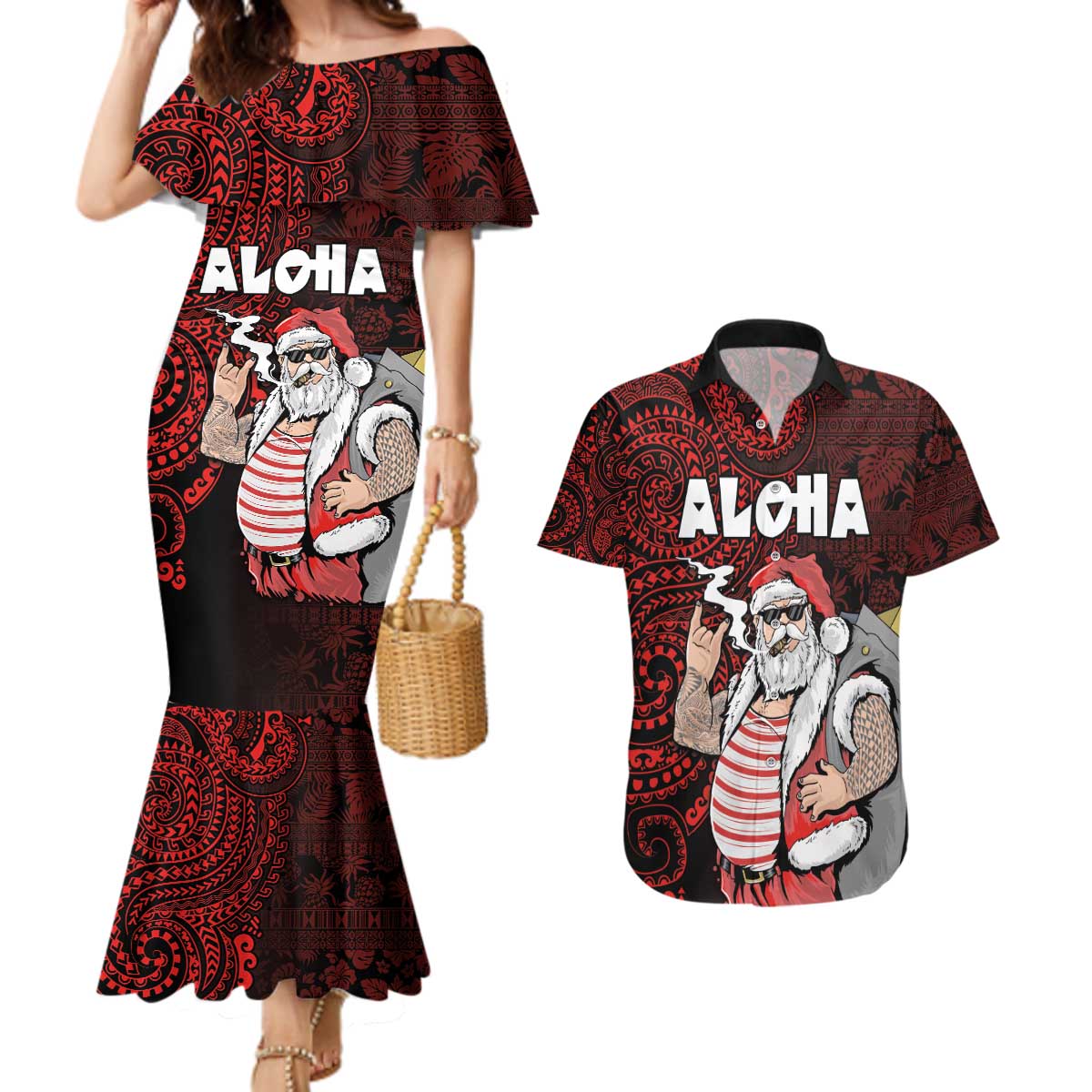 Hawaii Aloha Santa Claus Funny Polynesian Tattoo Couples Matching Mermaid Dress and Hawaiian Shirt Red Color