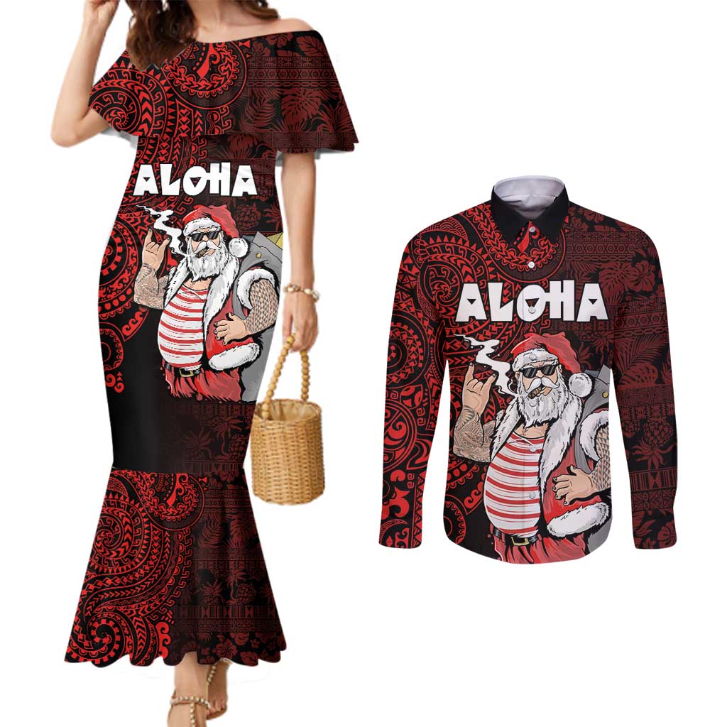 Hawaii Aloha Santa Claus Funny Polynesian Tattoo Couples Matching Mermaid Dress and Long Sleeve Button Shirt Red Color LT03 Red - Polynesian Pride