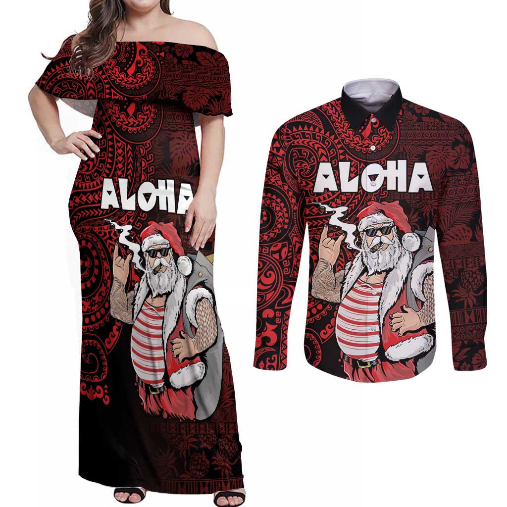 Hawaii Aloha Santa Claus Funny Polynesian Tattoo Couples Matching Off Shoulder Maxi Dress and Long Sleeve Button Shirt Red Color LT03 Red - Polynesian Pride