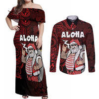 Hawaii Aloha Santa Claus Funny Polynesian Tattoo Couples Matching Off Shoulder Maxi Dress and Long Sleeve Button Shirt Red Color LT03 Red - Polynesian Pride