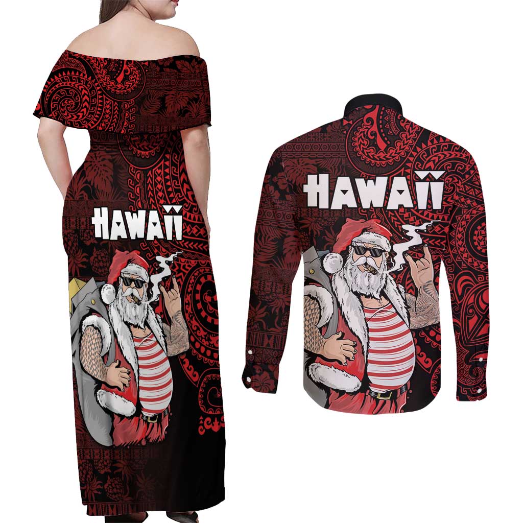 Hawaii Aloha Santa Claus Funny Polynesian Tattoo Couples Matching Off Shoulder Maxi Dress and Long Sleeve Button Shirt Red Color LT03 - Polynesian Pride