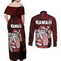 Hawaii Aloha Santa Claus Funny Polynesian Tattoo Couples Matching Off Shoulder Maxi Dress and Long Sleeve Button Shirt Red Color LT03 - Polynesian Pride