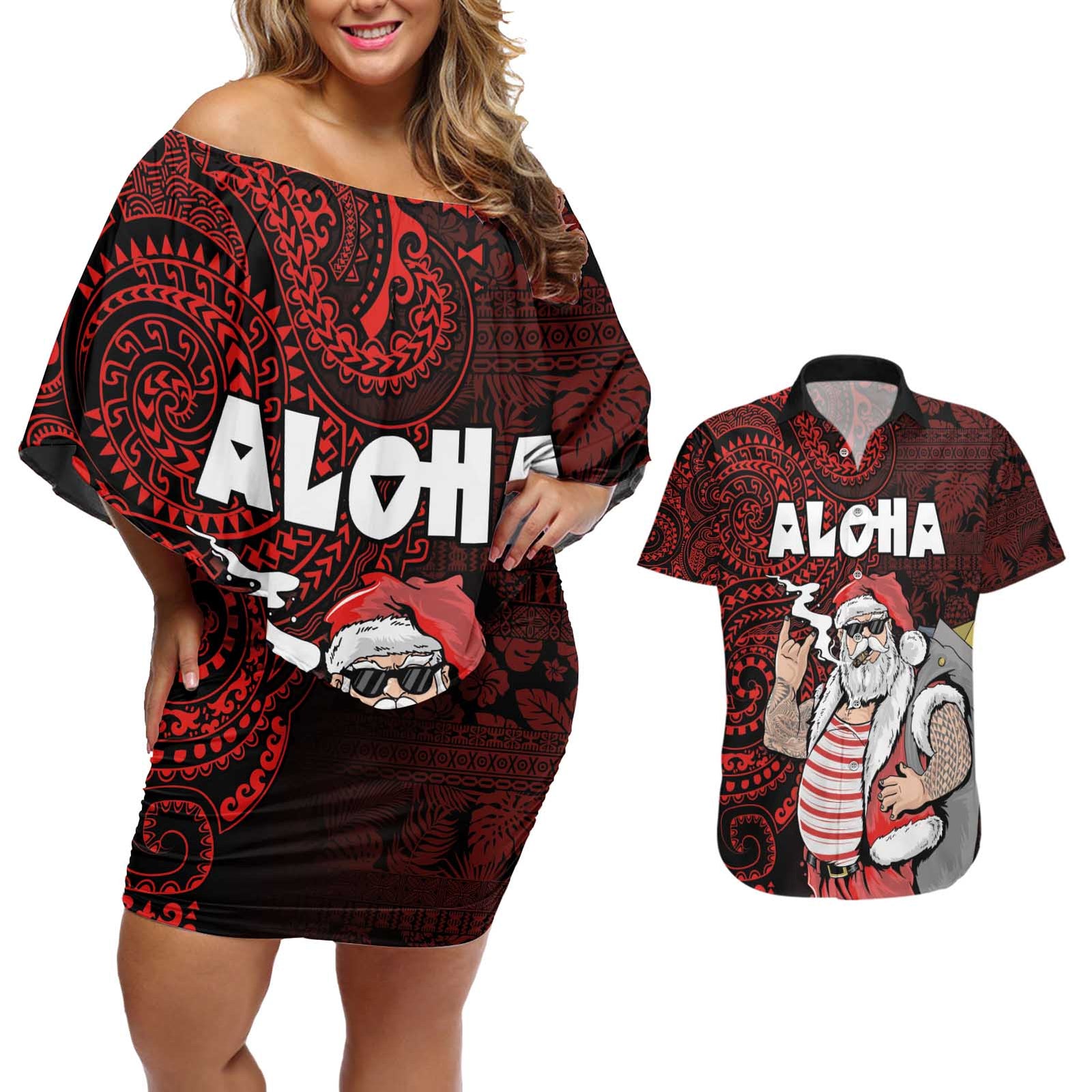 Hawaii Aloha Santa Claus Funny Polynesian Tattoo Couples Matching Off Shoulder Short Dress and Hawaiian Shirt Red Color LT03 Red - Polynesian Pride