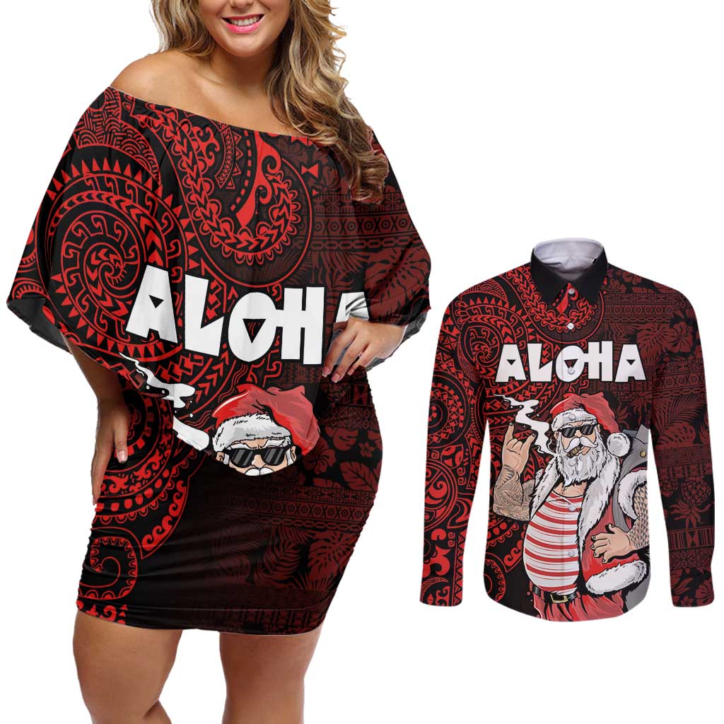 Hawaii Aloha Santa Claus Funny Polynesian Tattoo Couples Matching Off Shoulder Short Dress and Long Sleeve Button Shirt Red Color LT03 Red - Polynesian Pride