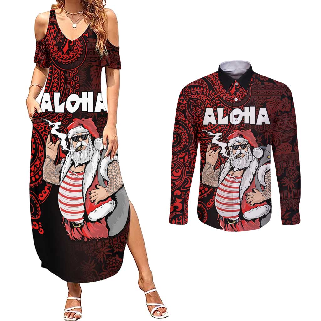 Hawaii Aloha Santa Claus Funny Polynesian Tattoo Couples Matching Summer Maxi Dress and Long Sleeve Button Shirt Red Color LT03 Red - Polynesian Pride