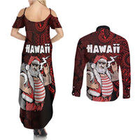 Hawaii Aloha Santa Claus Funny Polynesian Tattoo Couples Matching Summer Maxi Dress and Long Sleeve Button Shirt Red Color LT03 - Polynesian Pride