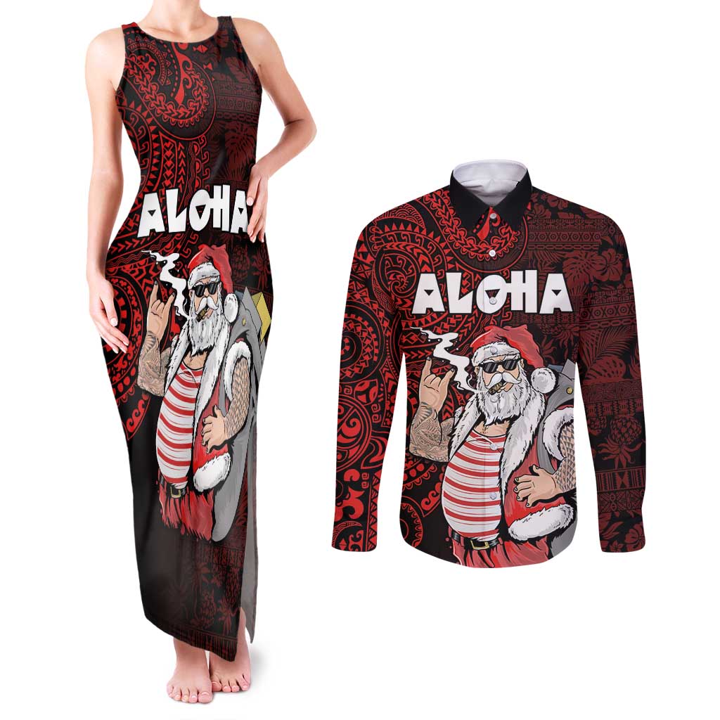 Hawaii Aloha Santa Claus Funny Polynesian Tattoo Couples Matching Tank Maxi Dress and Long Sleeve Button Shirt Red Color LT03 Red - Polynesian Pride