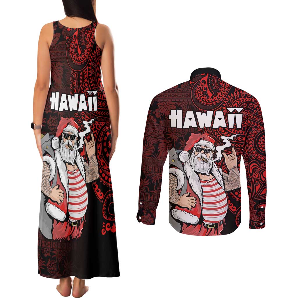 Hawaii Aloha Santa Claus Funny Polynesian Tattoo Couples Matching Tank Maxi Dress and Long Sleeve Button Shirt Red Color LT03 - Polynesian Pride
